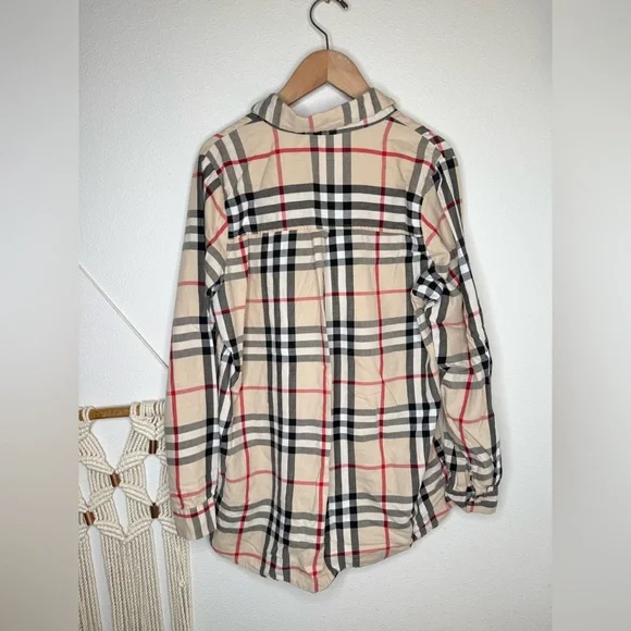 Boutique Top Checked Beige Plaid Button-Up Shirt Check Camel Black Collared - Picture 2 of 4
